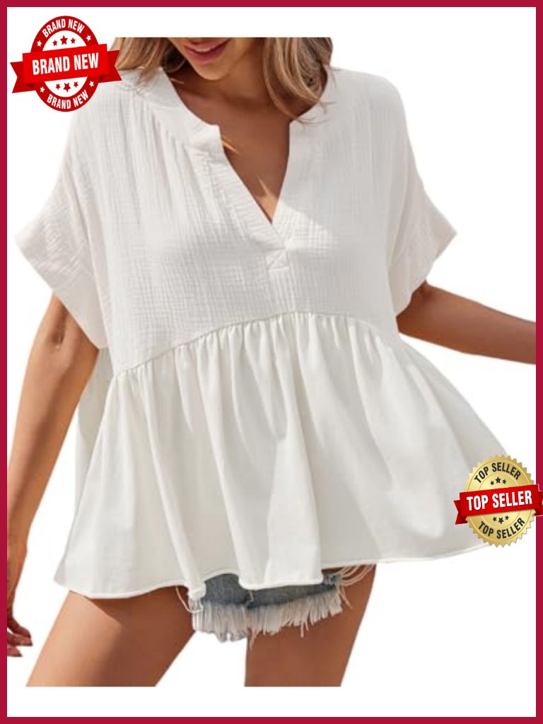 Womens Short Sleeve V Neck Peplum Babydoll Top Flowy Pleated Blouse